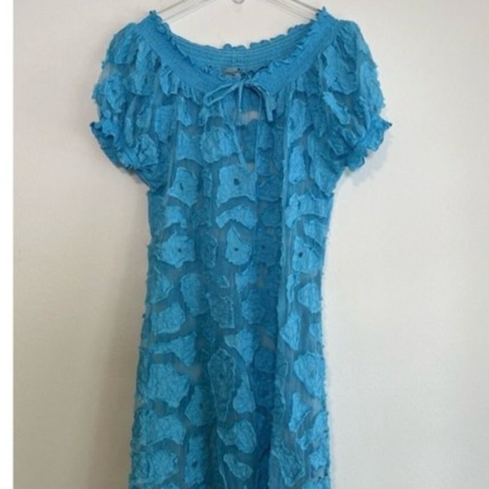 Letarte Handmade Aqua‎ Blue Lace Mesh Flattering Swimsuit Cover-Up, Large, GUC